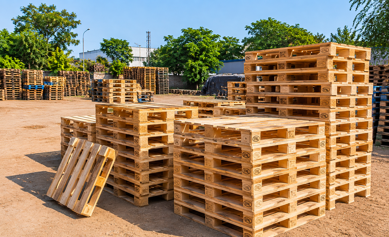 Premium wooden pallets stacked in outdoor industrial yard