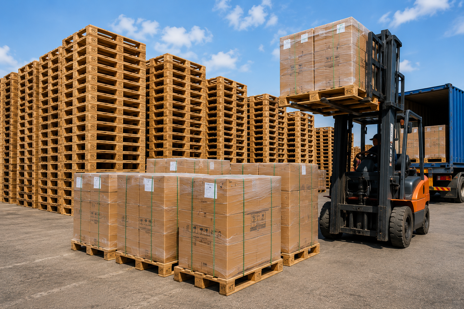 Warehouse pallets with forklift loading industrial goods
